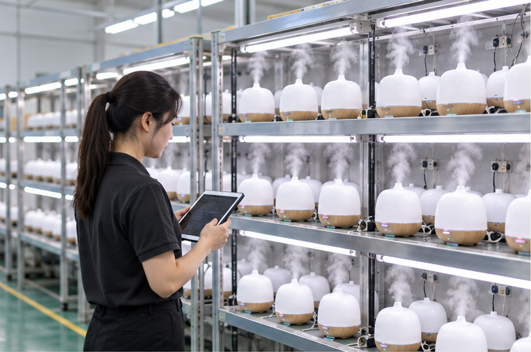Orangeknow technician monitoring a full aging-test rack