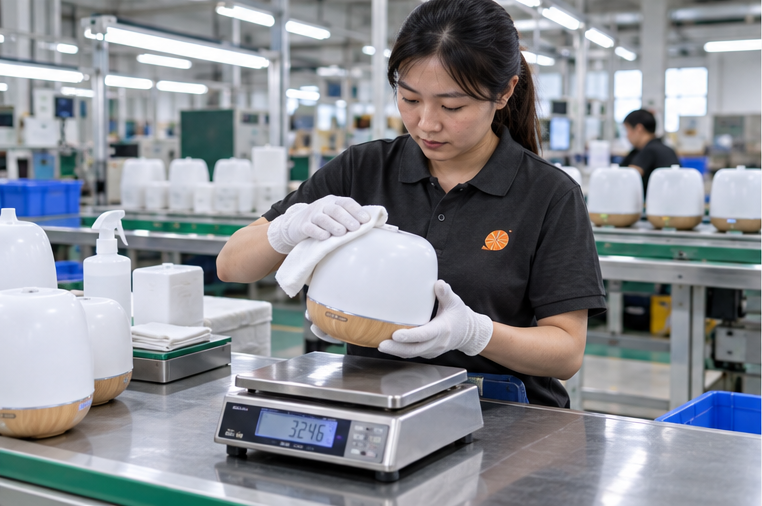Orangeknow technician cleaning and weighing a finished diffuser
